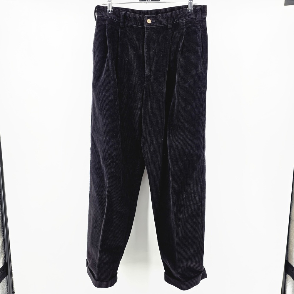 Brooks Brothers Mens Black Corduroy Pleated Cuffed Pants 32x30 Cotton Trousers